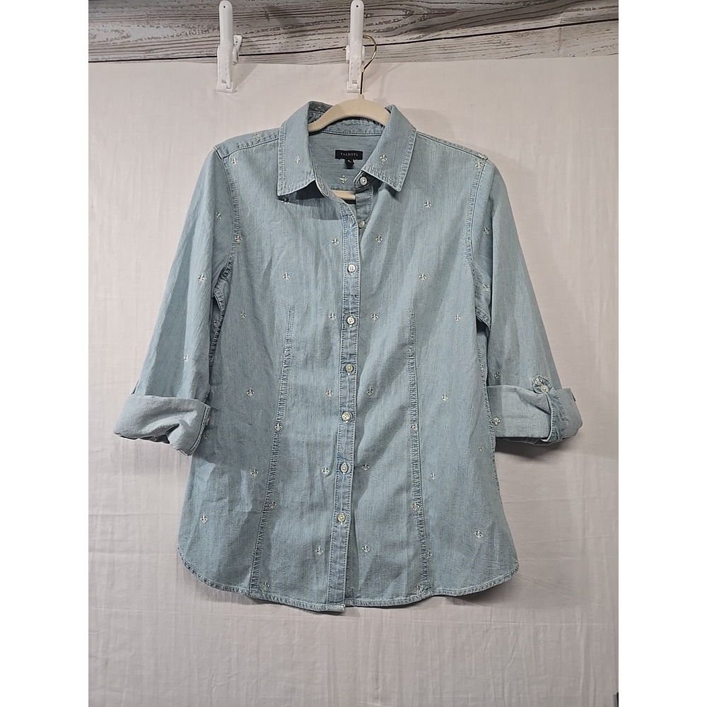 Talbots Women's 6 Blue Chambray Roll Tab Sleeve Fleur‎ De Lis Denim Button Up